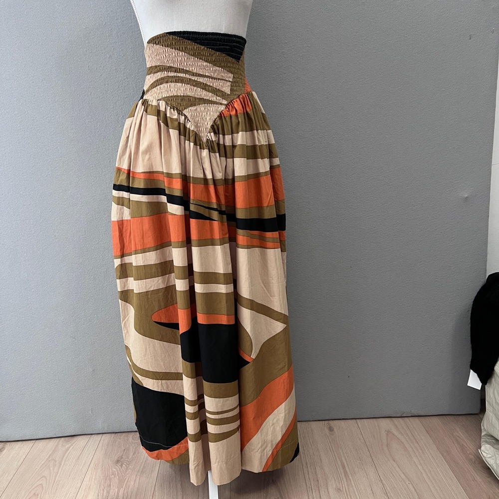 SWF V-Front Maxi Skirt XS Landmarks Abstract Print Smocked Cotton Boho Artsy